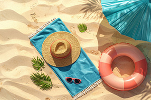 Beach Essentials on Sand with Umbrella, a Sports & Recreation Photo by Davizro's Market