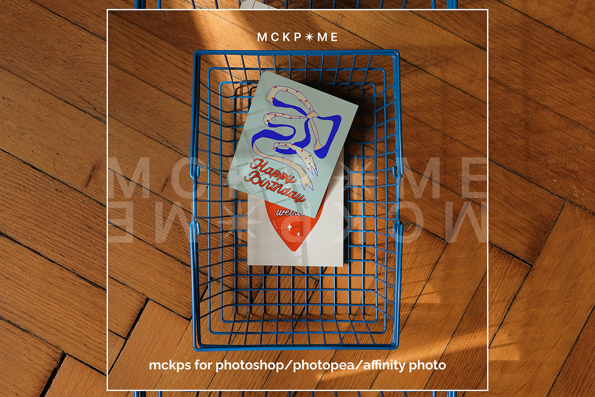 A2 postcards in a wire basket mockup, a Merchandise Mockup by MCKP*ME