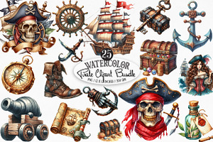 Watercolor Pirate Clipart Bundle, an Illustration by Designking