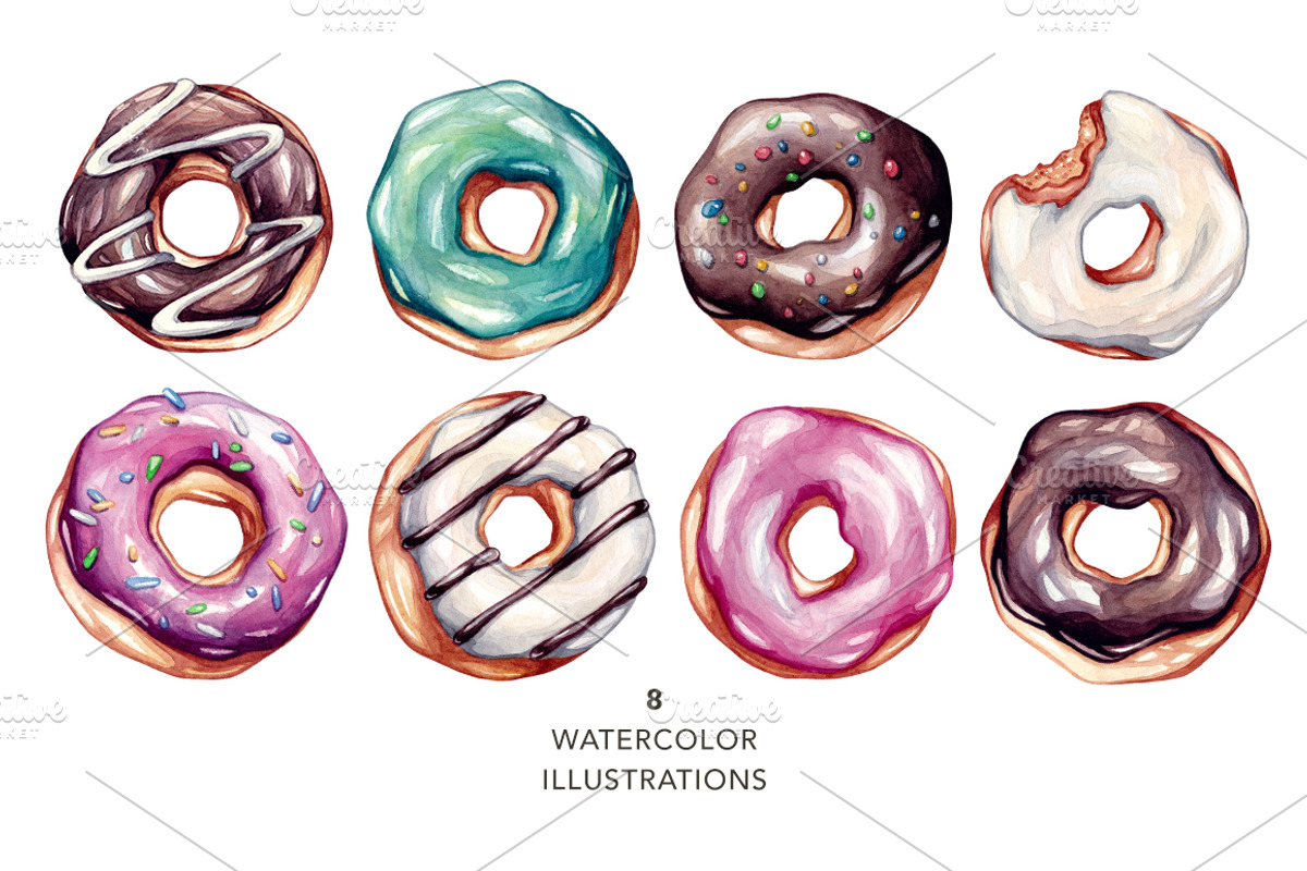 Donuts. Watercolor illustrations., a Food Illustration by Olga Olmix (Photo 2 of 7)
