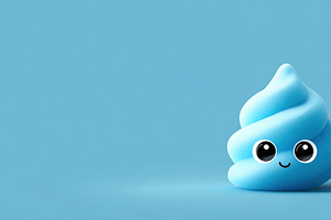 Adorable blue poop emoji with big eyes and smile on a solid blue, an Abstract Photo by Ales Munt