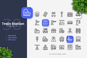 Train Station Outline Icons, an Outline Icon by Upnowgraphic