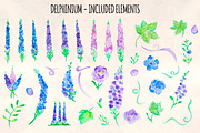 Delphinium Flower Watercolor Bundle, a Seasonal Illustration by Violet LeBeaux (Thumbnail 2 of 3)
