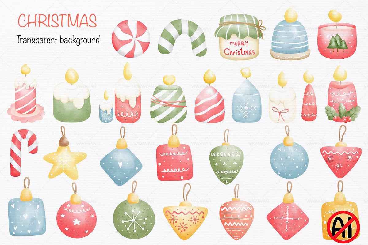 Merry Christmas watercolor clip art, a Seasonal Illustration by Vavavan Artwork (Photo 2 of 5)