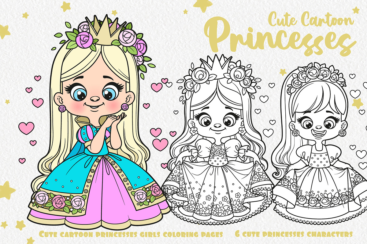 6 cute cartoon longhaired Princesses, an Illustration by Azuzlikus (Photo 1 of 4)