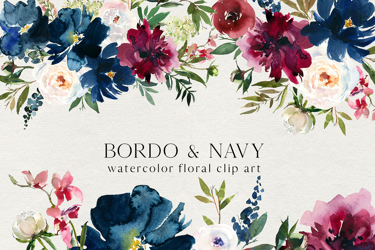 Bordo & Navy Watercolor Flowers PNG, a Decorative Illustration by whiteheartdesign (Photo 1 of 9)