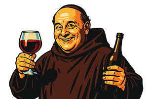 Smiling Monk Holding Wine Bottle and, an Illustration by AlexArt