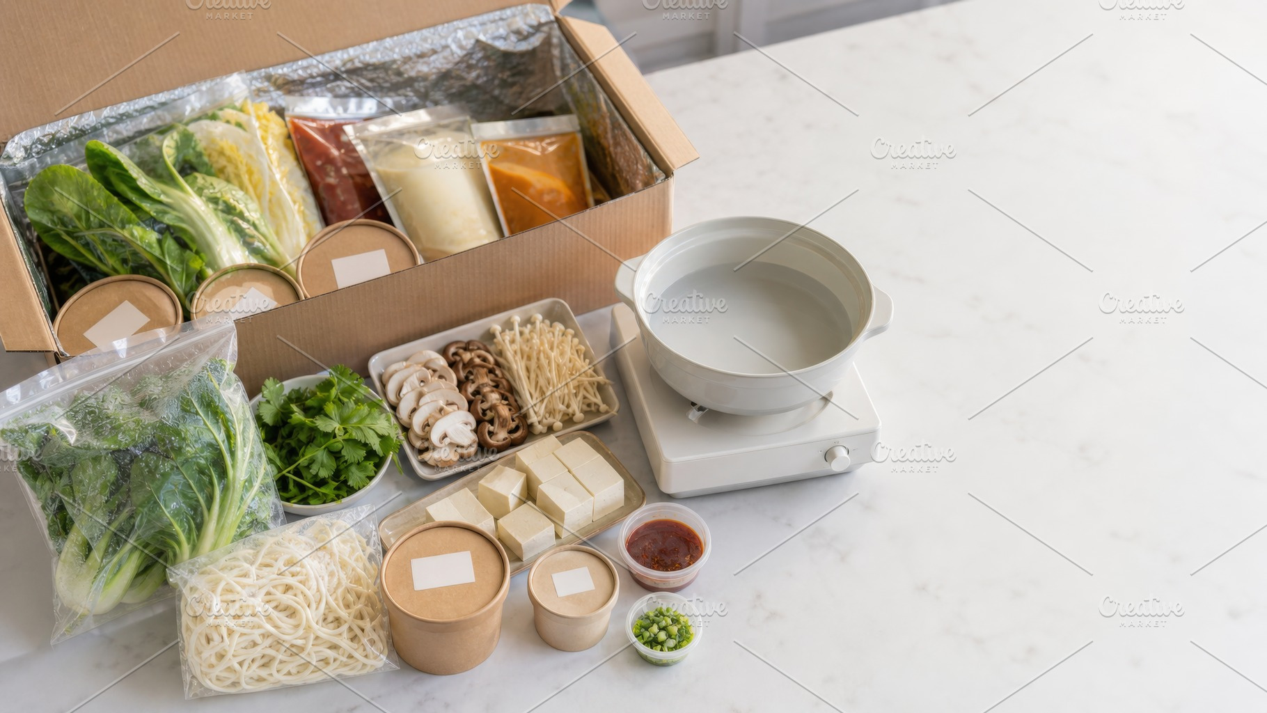 Hot pot ingredients set arranged on, a Photo by Dvoevnore photos