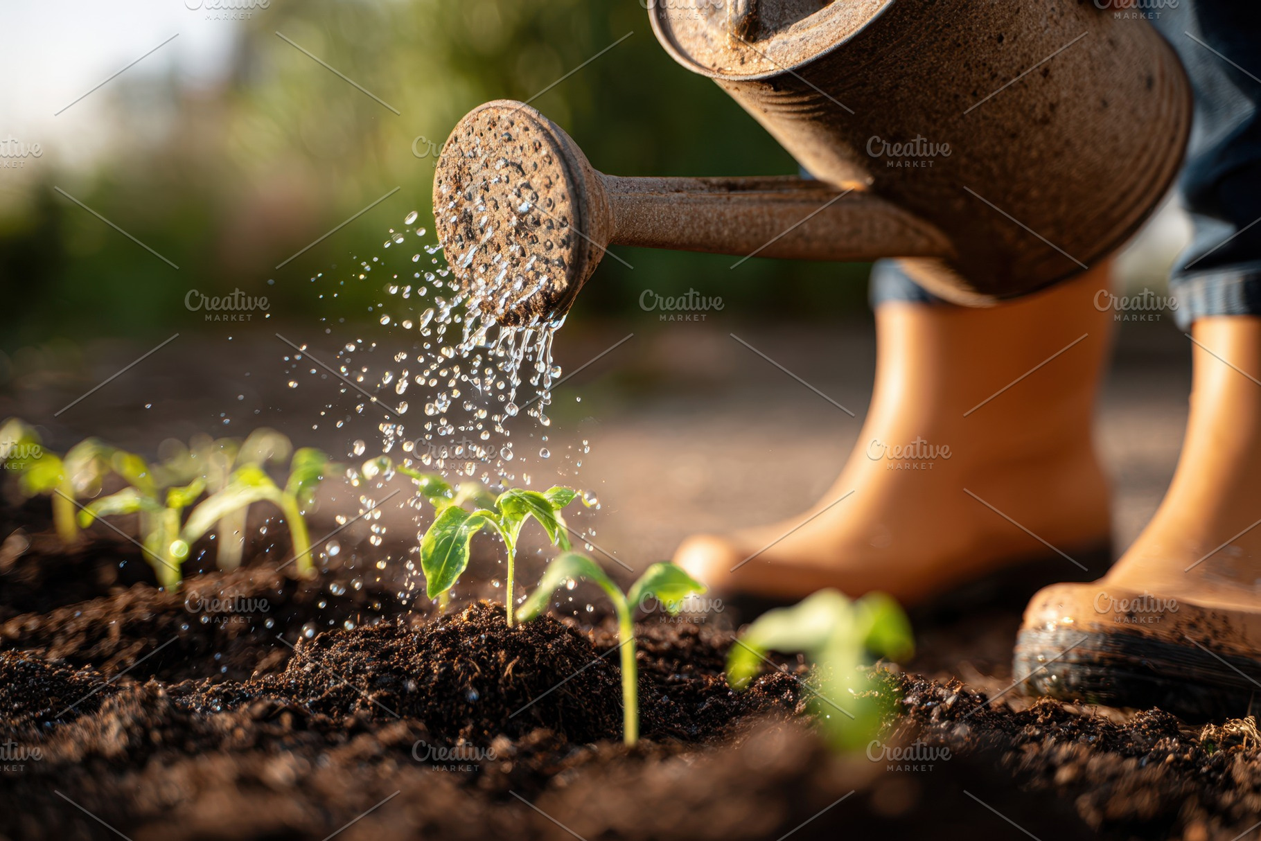 Watering young plants in a garden at sunset, a Nature Photo by AlyaAnd