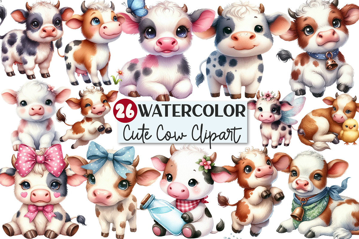 Watercolor Cute Cow clipart, an Illustration by Rose Art (Photo 1 of 4)