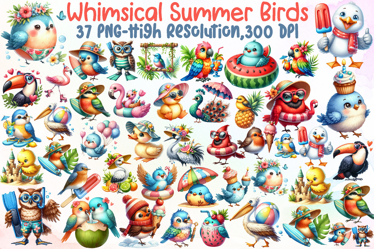 Quirky Whimsical Summer Birds Clipar, an Illustration by Sublimation Artist (Photo 1 of 6)