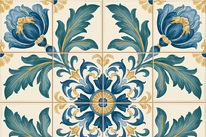 Ceramic tile wall panel creating a floral azulejo pattern with b, a Decorative Illustration by Studio ANNA