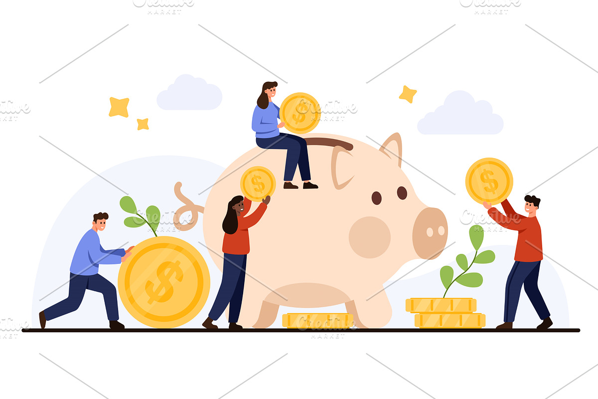 People Saving Money with Piggy Bank, a Finance Illustration by Flashvector