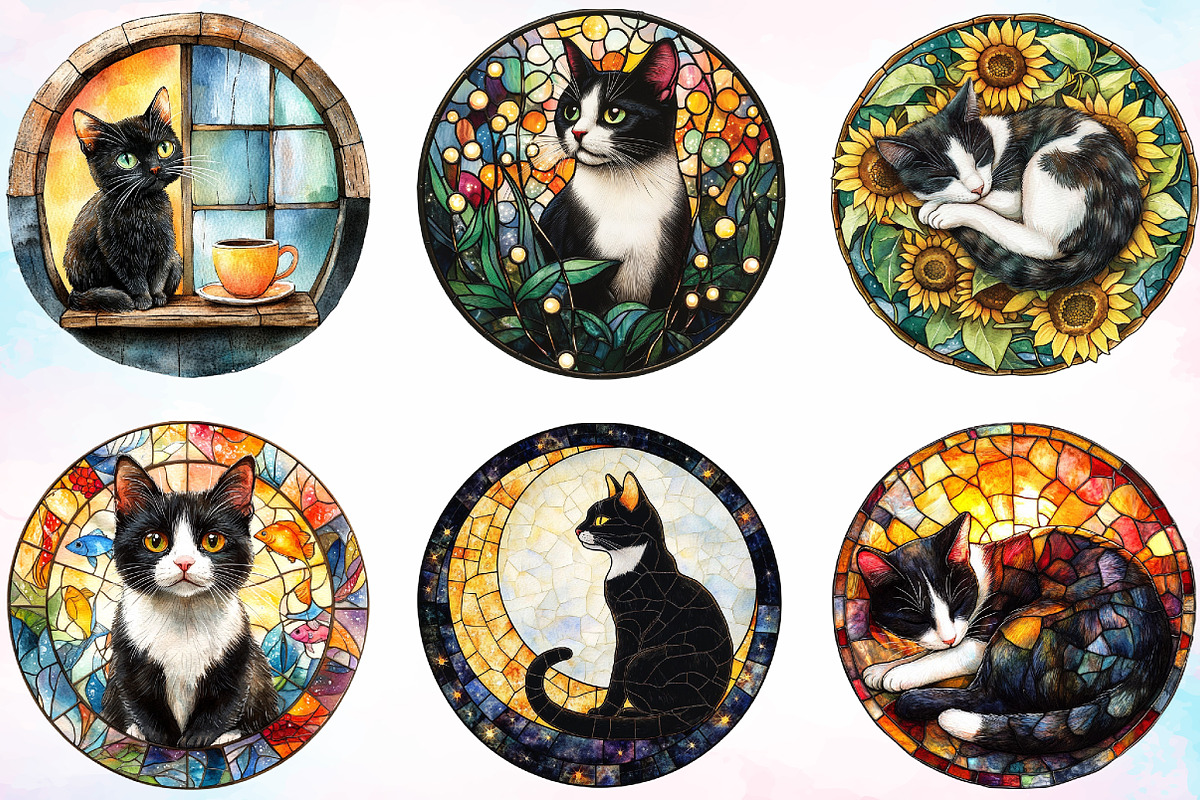 Round Stained Glass Tuxedo Cat, an Illustration by Canvas Craft (Photo 2 of 4)