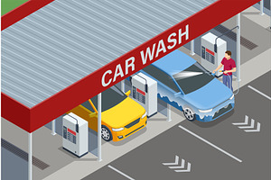 Isometric Self-service car wash. Man, a Transportation Illustration by Golden Sikorka