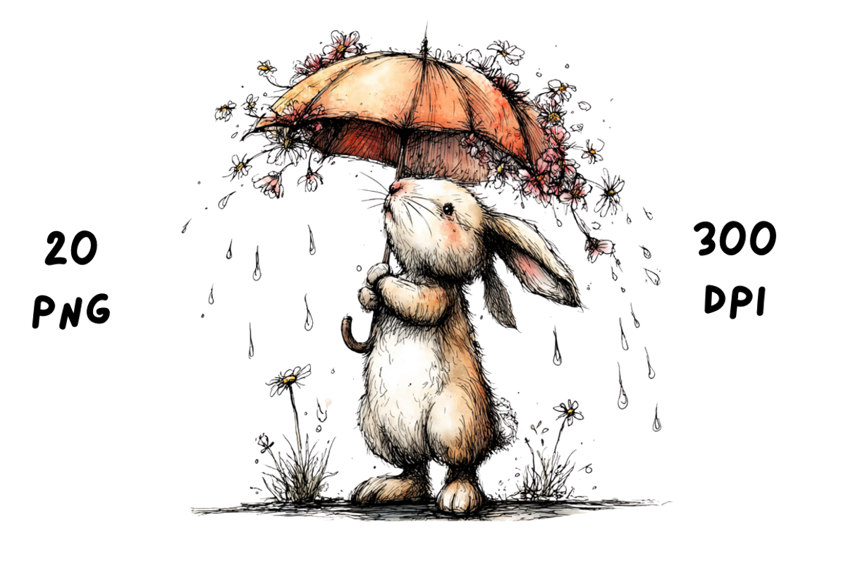Whimsical Rainy Bunny Clipart, an Animal Illustration by GiraffeCreative (Photo 9 of 19)