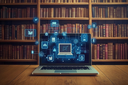 Floating books and educational icons, a Photo by Pavel_design