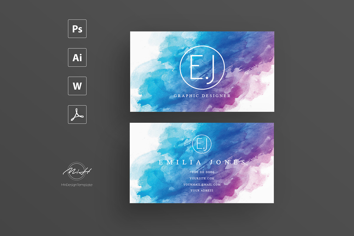 Wattercolor business card template, a Card Template by MH Design Template (Photo 1 of 4)