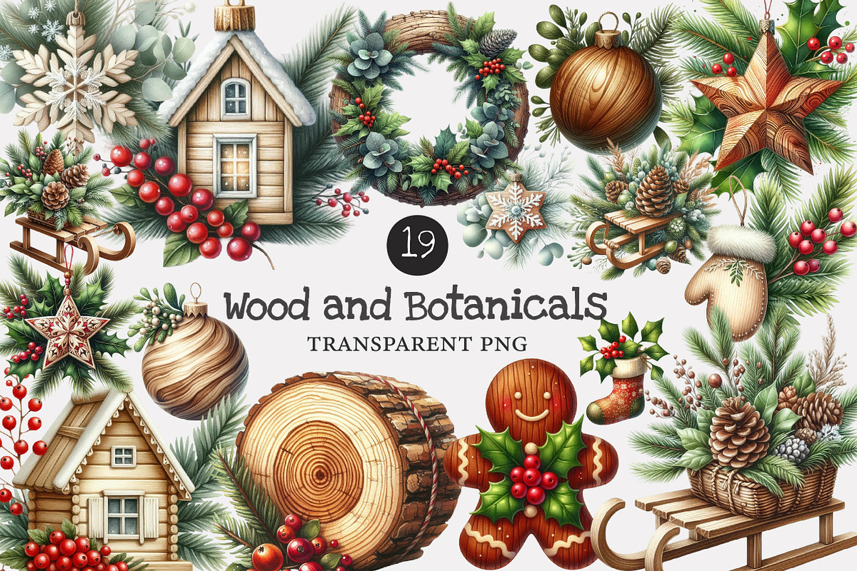 Christmas Wood and Botanicals clipar, an Illustration by Designworld (Photo 1 of 5)
