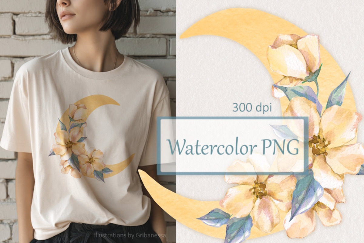 Watercolor Floral Moon PNG, a Decorative Illustration by Gribanessa (Photo 2 of 2)