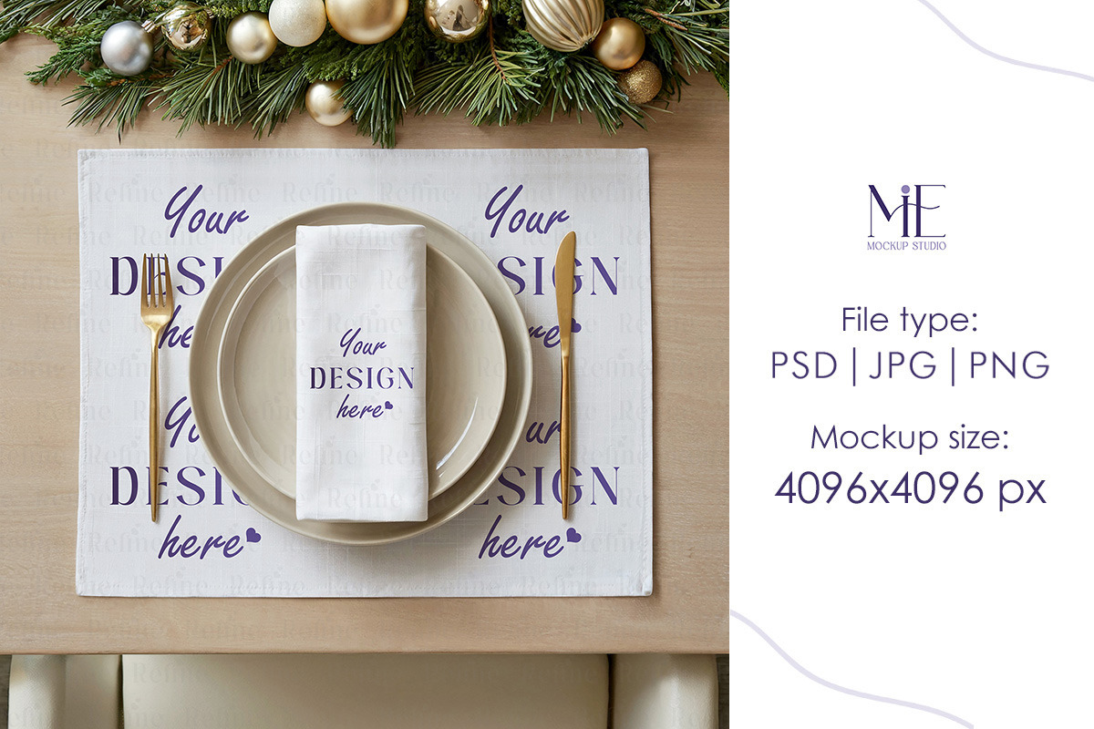 Christmas Placemat & Napkin Mockup, a Merchandise Mockup by Mie Mockup Studio (Photo 2 of 6)