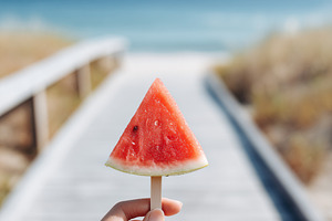Hand holds a slice of watermelon on, a Food & Drink Photo by MistyDay