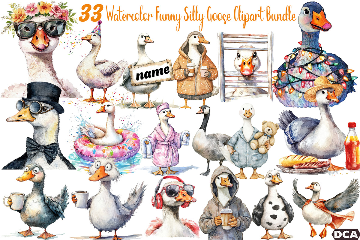 Watercolor Funny Silly Goose Clipart, an Illustration by DreamCafeArt (Photo 1 of 7)