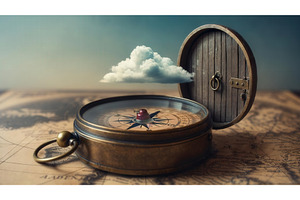 Vintage brass compass on an old map, an Illustration by tilialucida