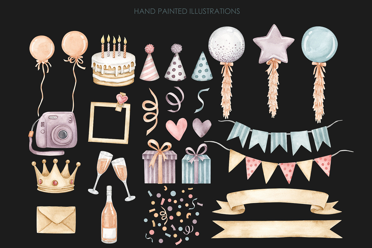 Watercolor Birthday Party Clipart, an Illustration by AquarelleSpace (Photo 3 of 4)