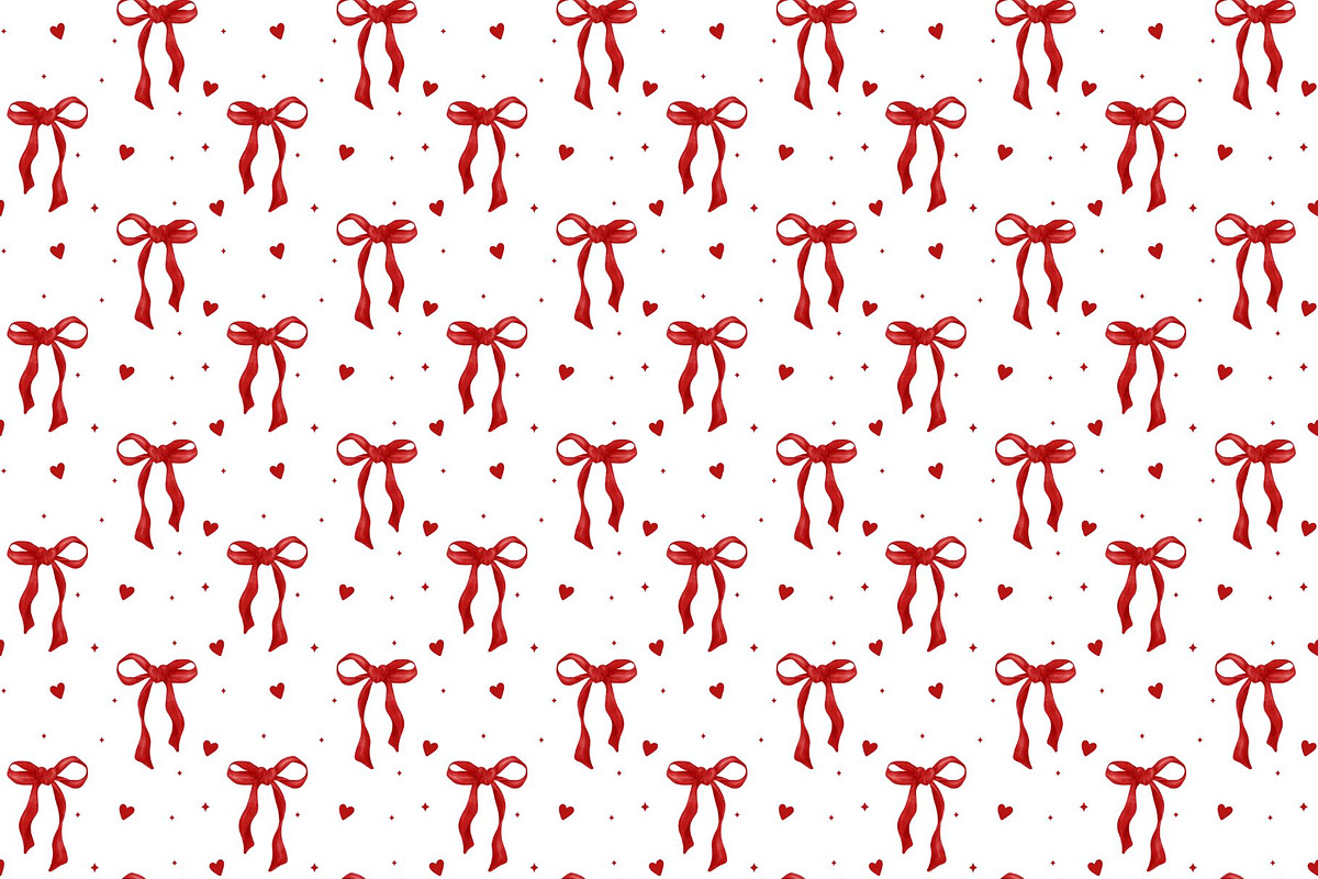 Red Bows, Hearts & Dots Pattern, an Illustration by Stellalunarts (Photo 1 of 4)