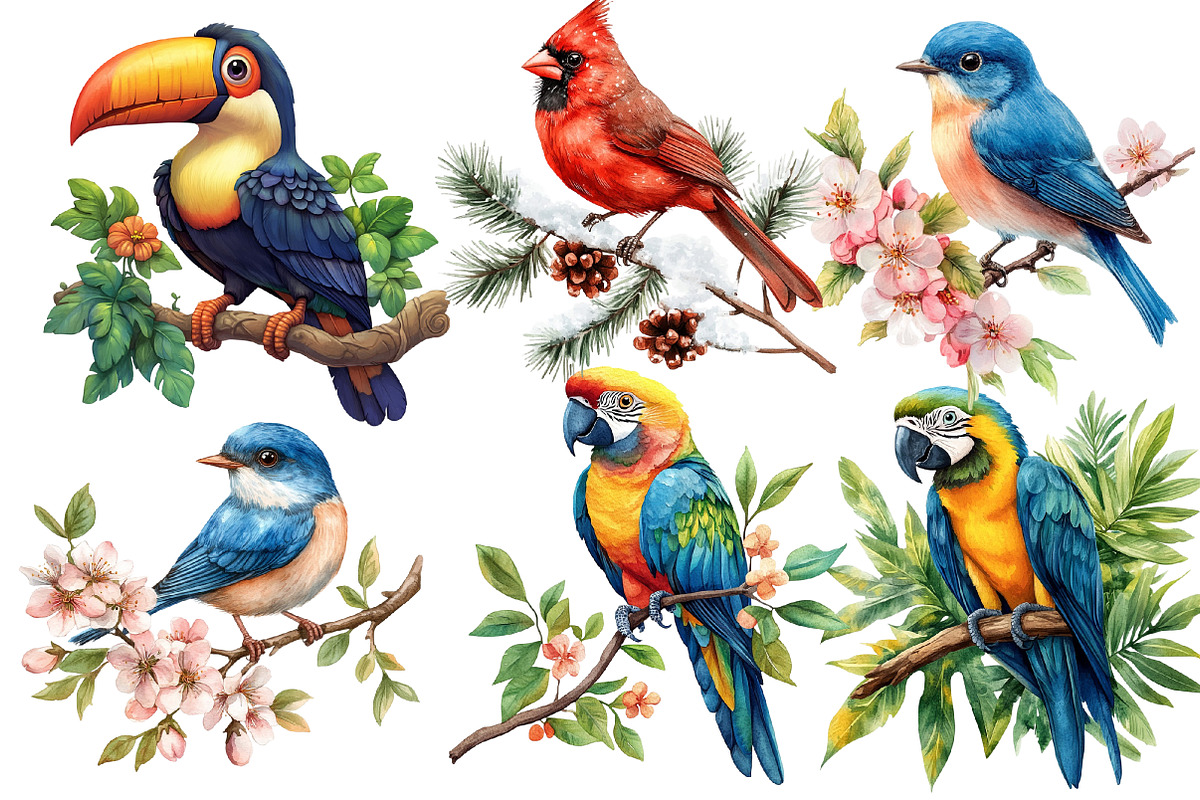 Birds on Branch Clipart Bundle, an Illustration by Designworld (Photo 2 of 4)
