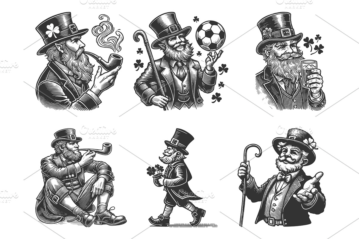 Leprechaun Characters engraving, an Illustration by AlexArt
