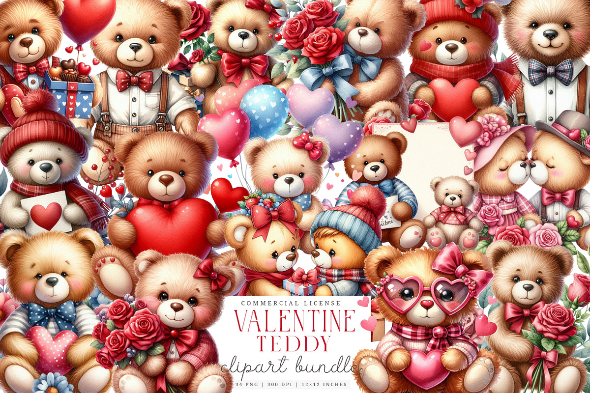 Watercolor Teddy Bear Valentine PNG, an Illustration by SinaCreation (Photo 1 of 7)