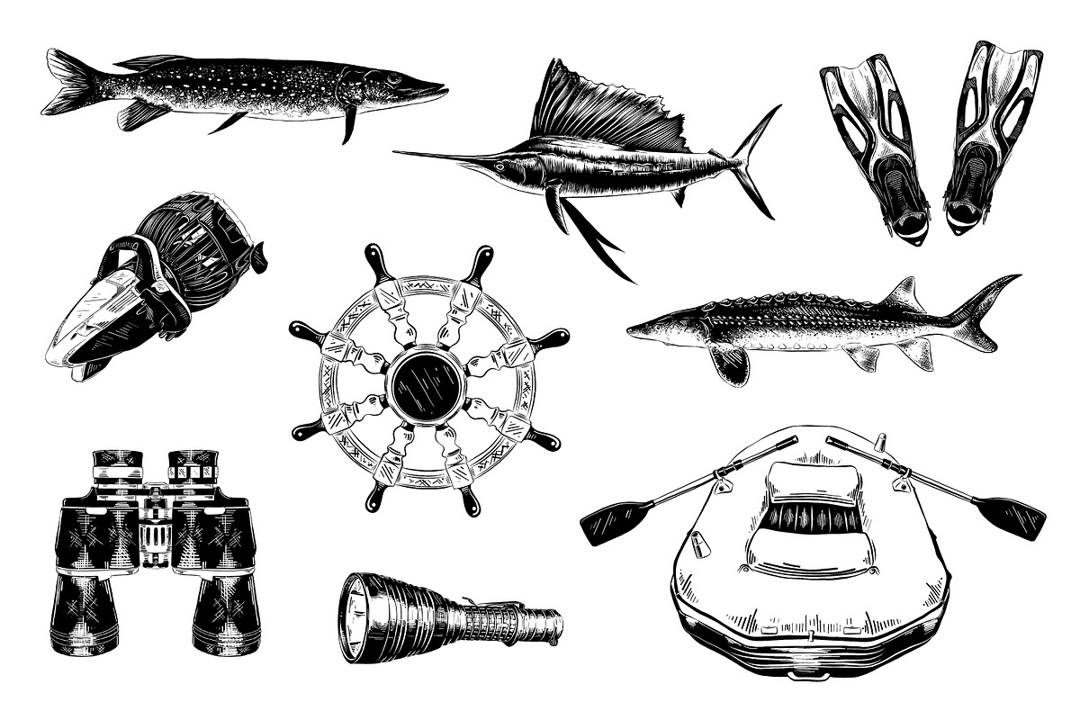 Fishing hand drawn logo elements, an Animal Illustration by Akimo Mia (Photo 3 of 5)
