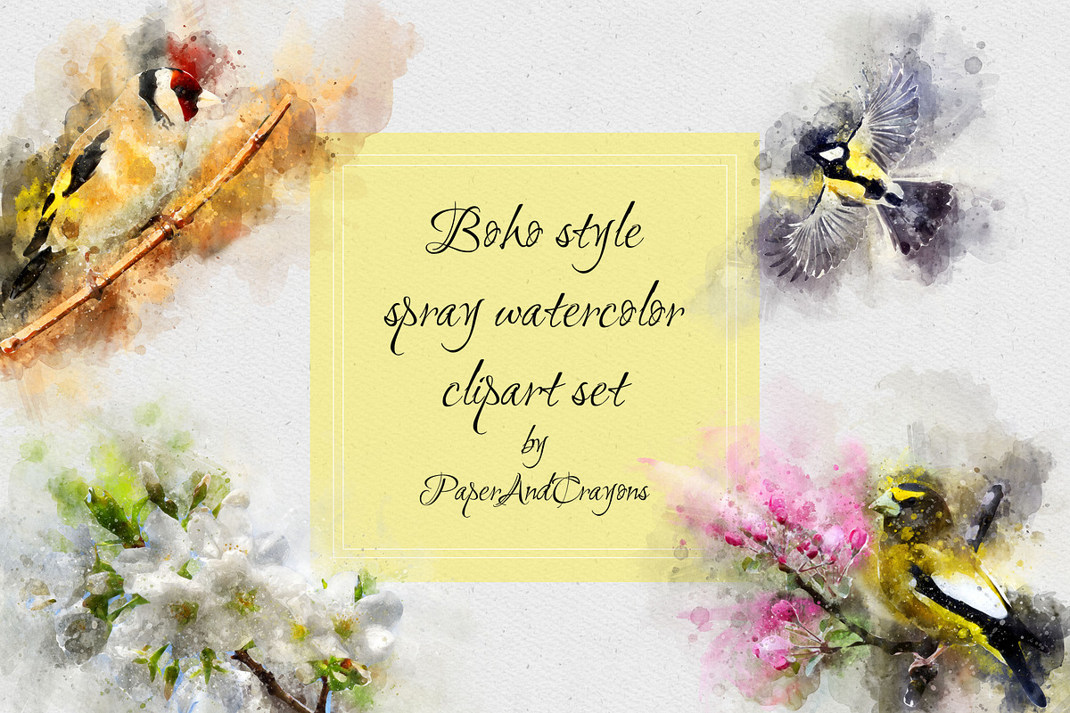 Boho Style Spray Watecolor Birds, an Illustration by PaperAndCrayons (Photo 1 of 6)