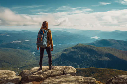 Young woman hiker with backpack standing on top of the mountain, a Person Photo by AS photostudio