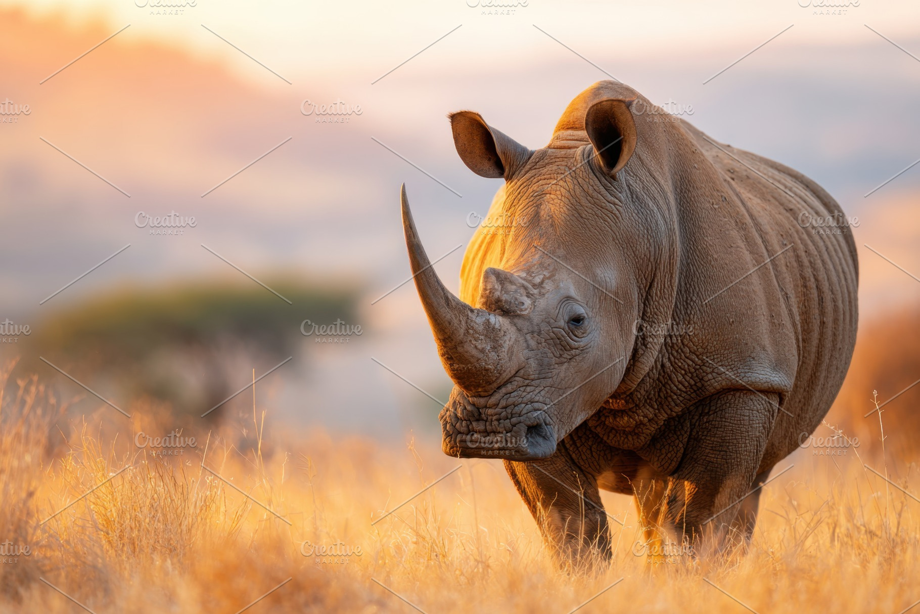 Close-up of a rhinoceros in the savanna at sunset, an Animal Photo by AlyaAnd