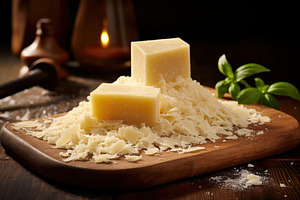 Piece of parmesan cheese on wooden background, a Food & Drink Photo by AlyaAnd