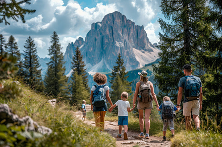 A family enjoys a hike along a sceni, a Photo by Tanuart