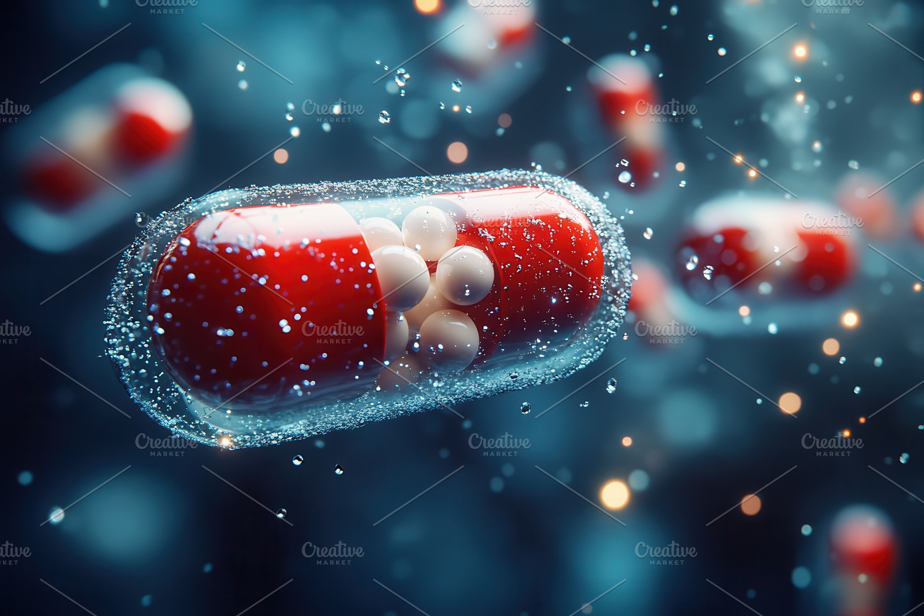 Floating capsules in a vibrant backg, a Photo by Tanuart