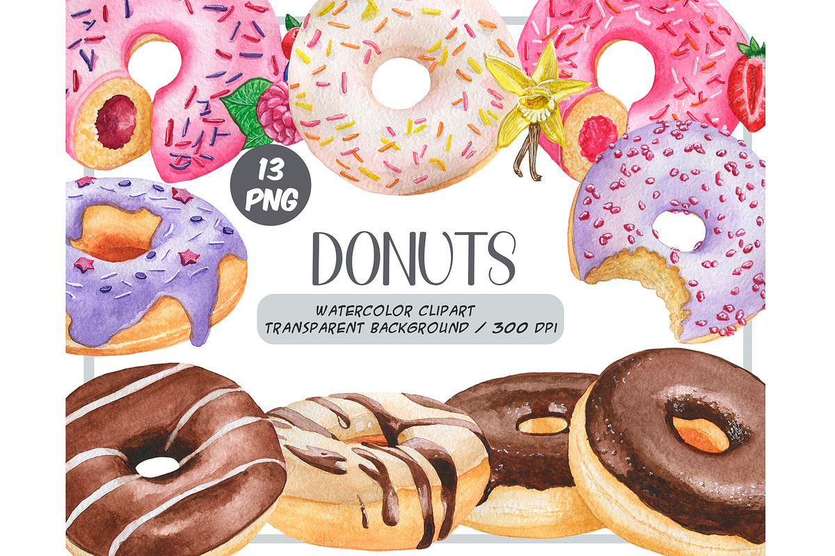 Watercolor donuts clipart, a Food Illustration by ArtfulStudio (Photo 1 of 9)