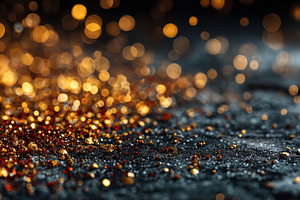 Golden glitter and bokeh lights scattered on dark textured surfa, a Holiday Photo by José Manuel Gelpi