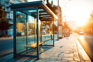 Serene Urban Bus Stop at Sunset with Empty Glass Shelter and Sunlight Reflectio, a Transportation Photo by Ocean Digital Art