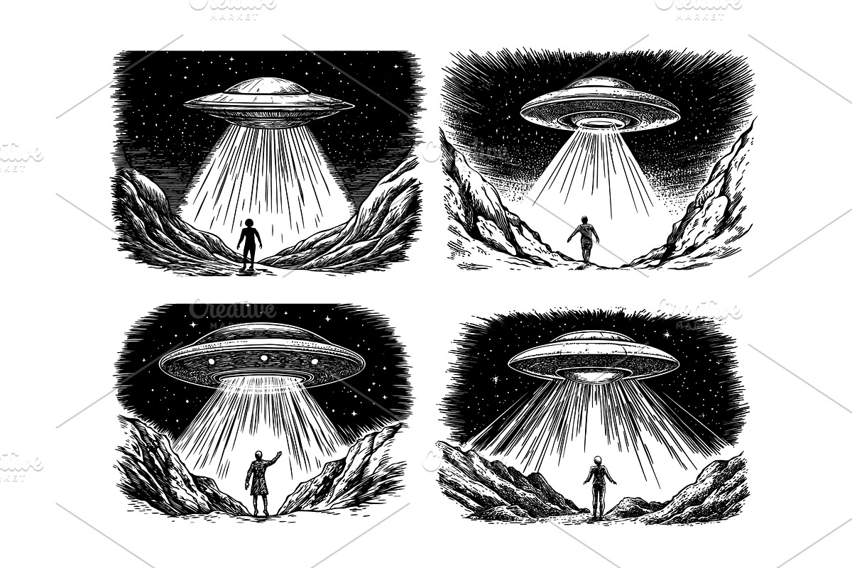Ufo saucer engraving stealing man, a Technology Illustration by Valerie Bodnar