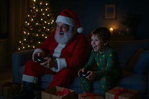 Santa Claus gaming with child at night near Christmas tree, a Holiday Photo by GoodGoods