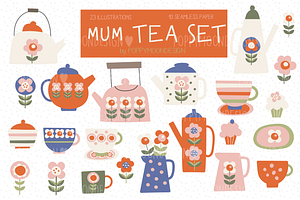 Mum Tea set, paper and clipart pack, a Food Illustration by Poppymoondesign