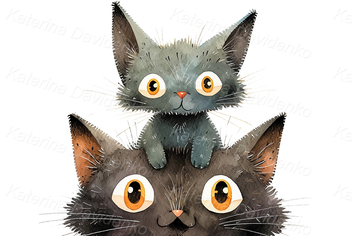 Watercolor cartoon funny cats PNG, an Animal Illustration by Bubert Art