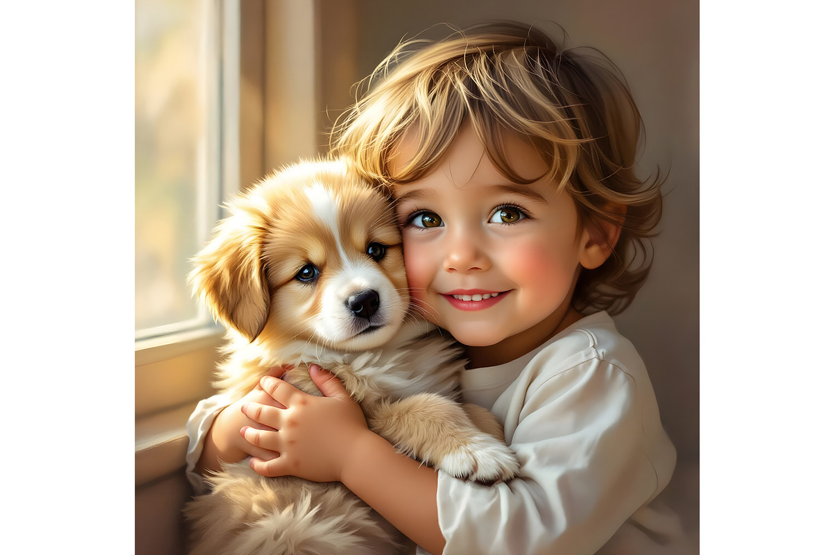 Boy Child with Puppy, an Animal Illustration by Sharon Schwalbe (Photo 1 of 3)
