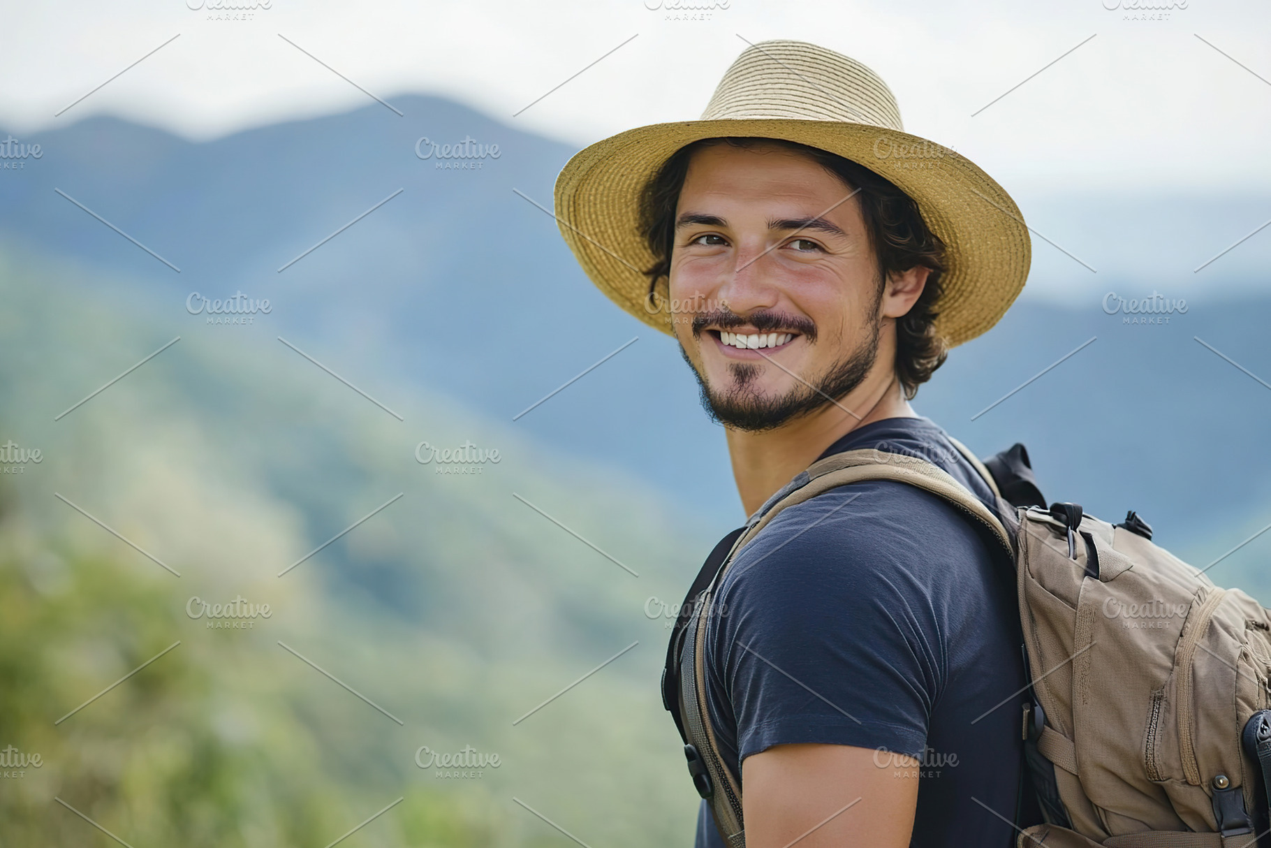 Smiling athletic man with backpack enjoying nature on a sunny day in the mounta, a Person Photo by AlyaAnd