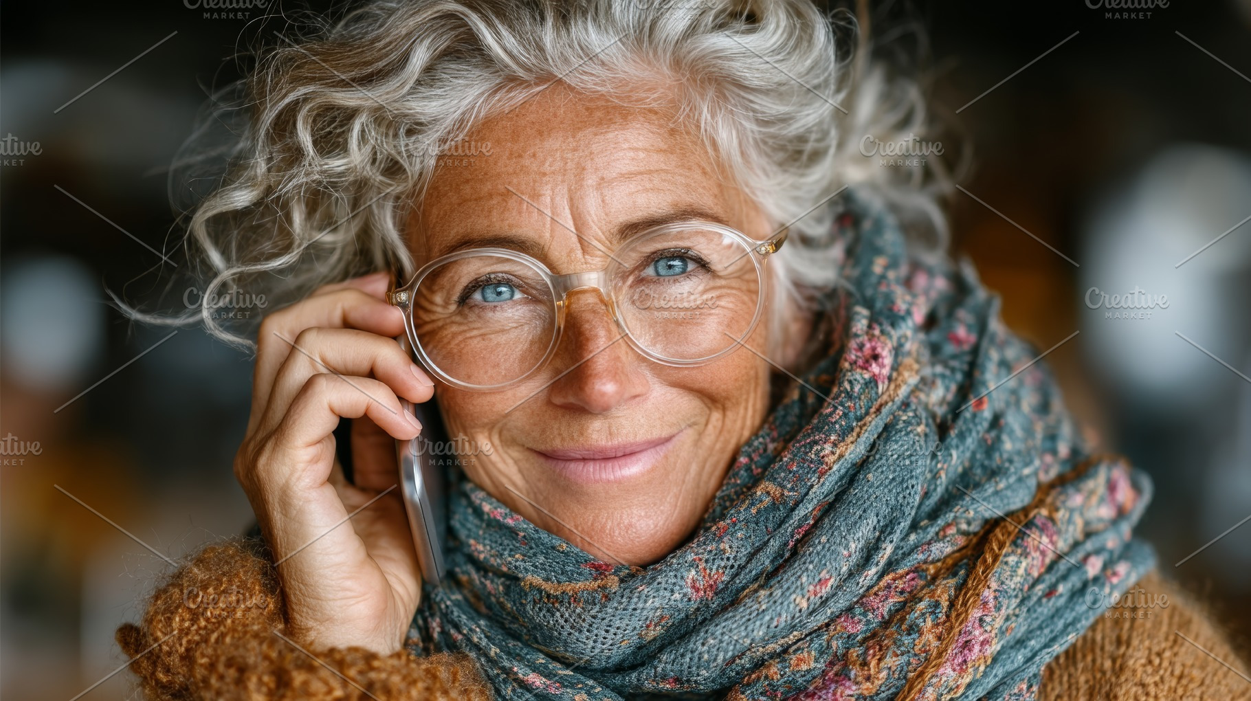 Senior woman smiling while talking on phone, cozy close up portrait with glasse, a Photo by AS photostudio